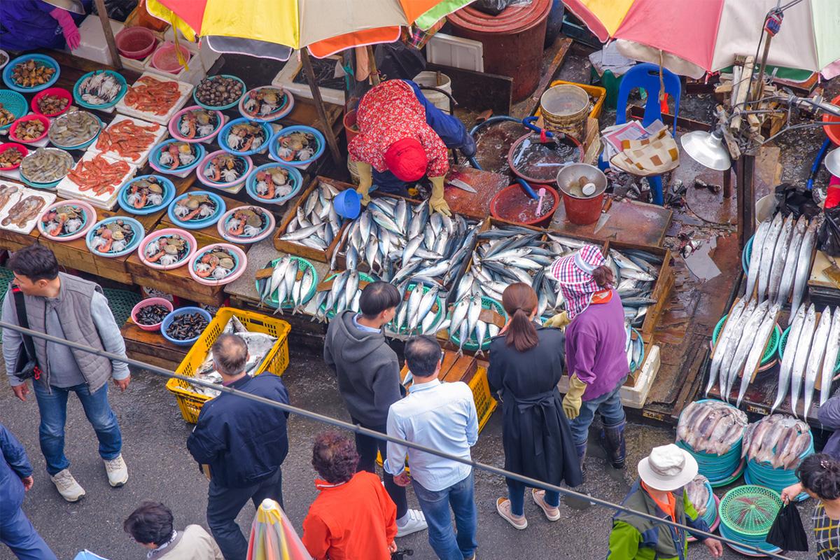 Pescados alineados en el Mercado Jagalchi, famoso por su comercialización de mariscos, en Busan, Corea del Sur.