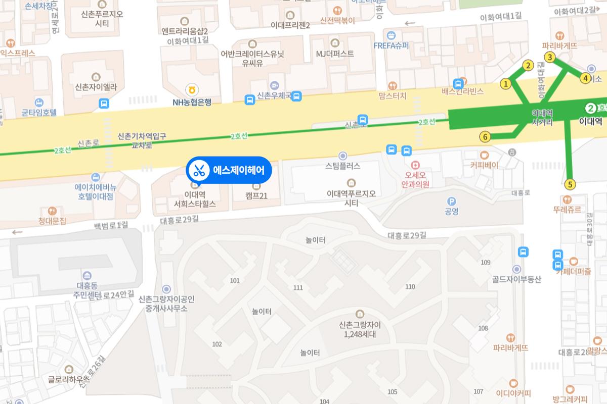 Peta lokasi SJ Hair Edae dekat Universitas Wanita Ewha, menunjukkan jalan menuju ke salon.