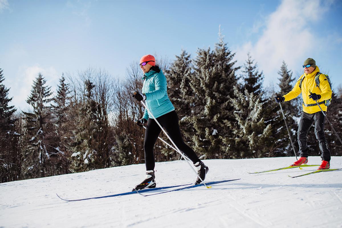 Two people skiing on a snowy slope with snow-covered pine trees in the background.