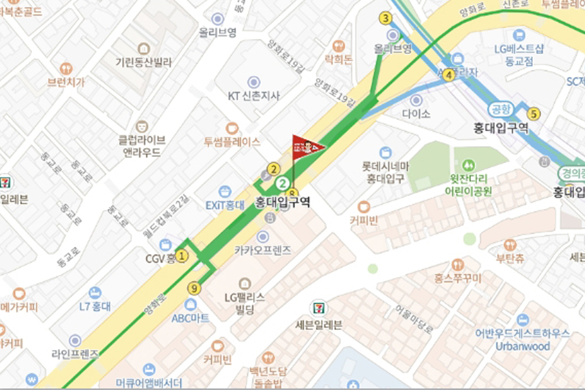 Map showing the location of Hongik University Station Exit 8 in Seoul, South Korea.