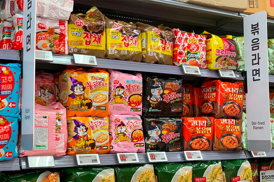 Wide range of instant ramen available at Lotte Mart, highlighting Korea's popular and diverse selection of quick meal options.
