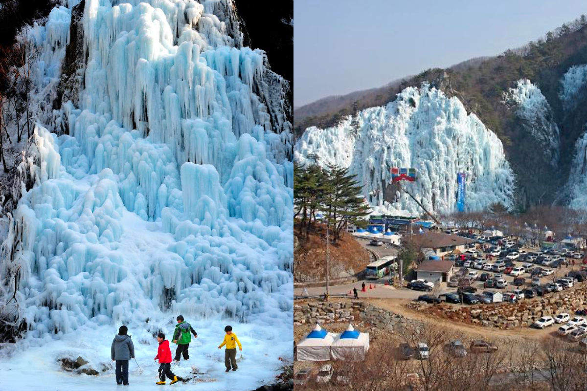 Trẻ em vui chơi tại Thung Lũng Cheongsong Eoreumgol, nơi có lượng băng dày.