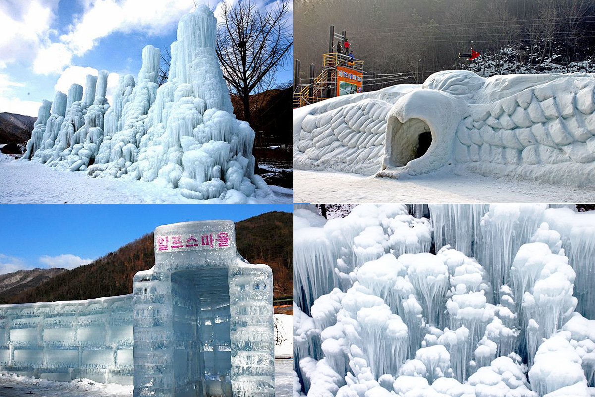 Lễ hội đài phun nước đóng băng tại Làng Cheongyang Alps với các công trình băng tuyết.
