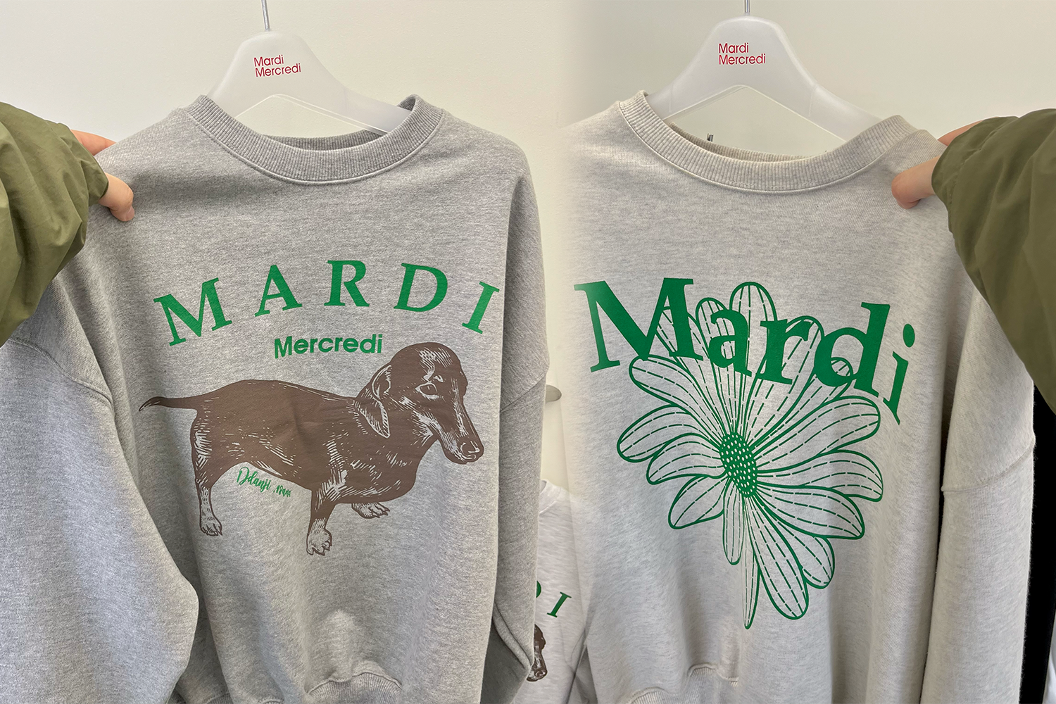 展示Mardi Mercredi的兩款熱門商品，包括印有雛菊和臘腸狗圖樣的時尚毛衣。