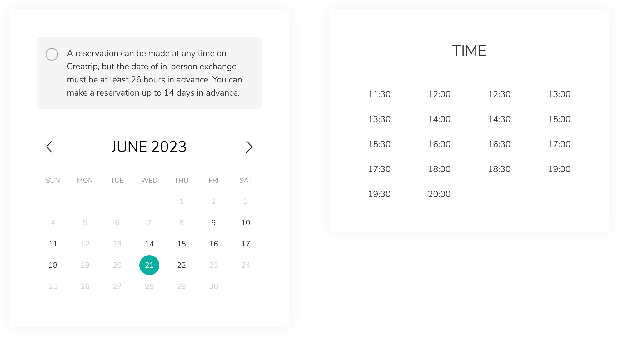Reservation calendar showing June 2023 with selectable time slots for currency exchange at Creatrip.