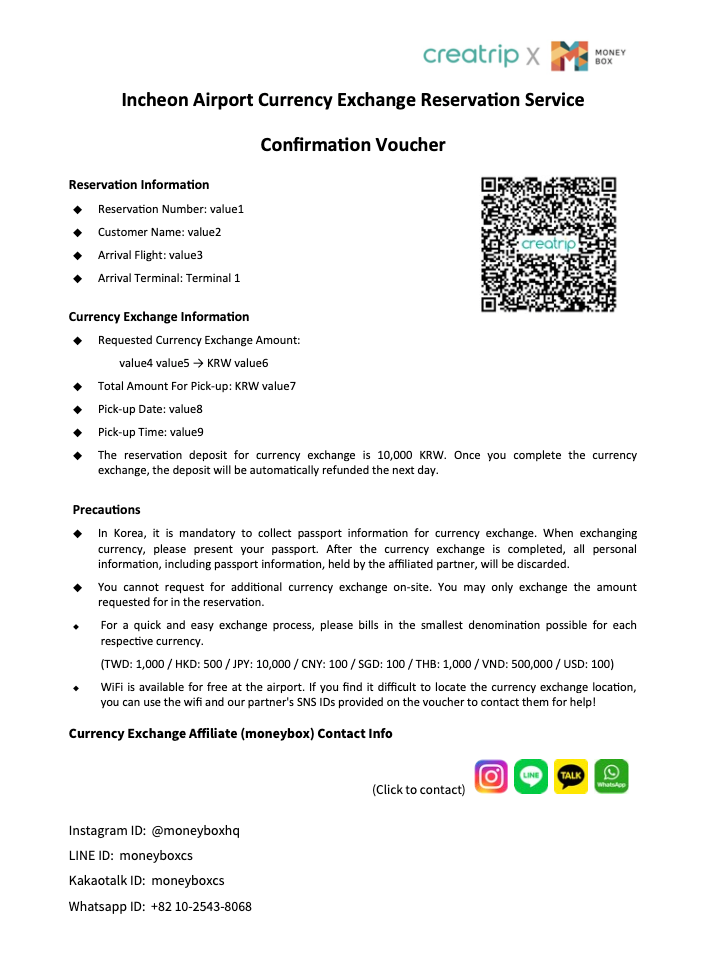 Sample voucher for Incheon Airport Currency Exchange Reservation Service confirmation from Creatrip and Money Box partnership.