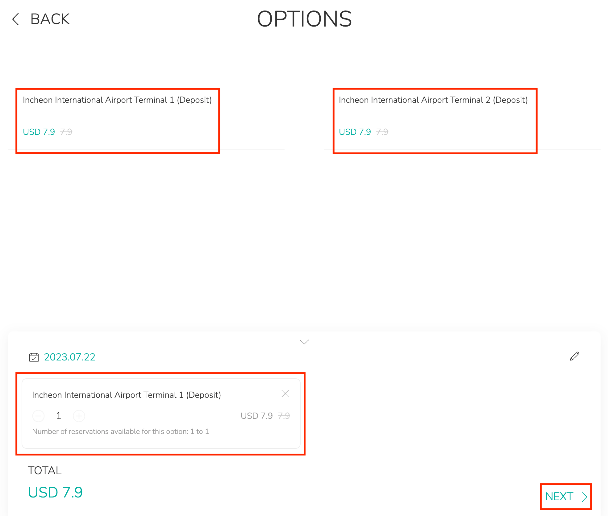 Options for reservation deposits at Incheon International Airport Terminal 1 and Terminal 2 shown on Creatrip platform.