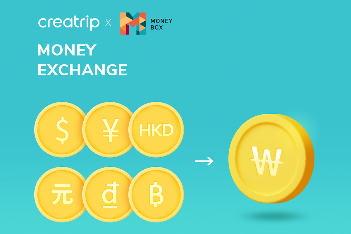 Creatrip 與 Money Box 合作推廣的貨幣兑換服務，背景為藍色