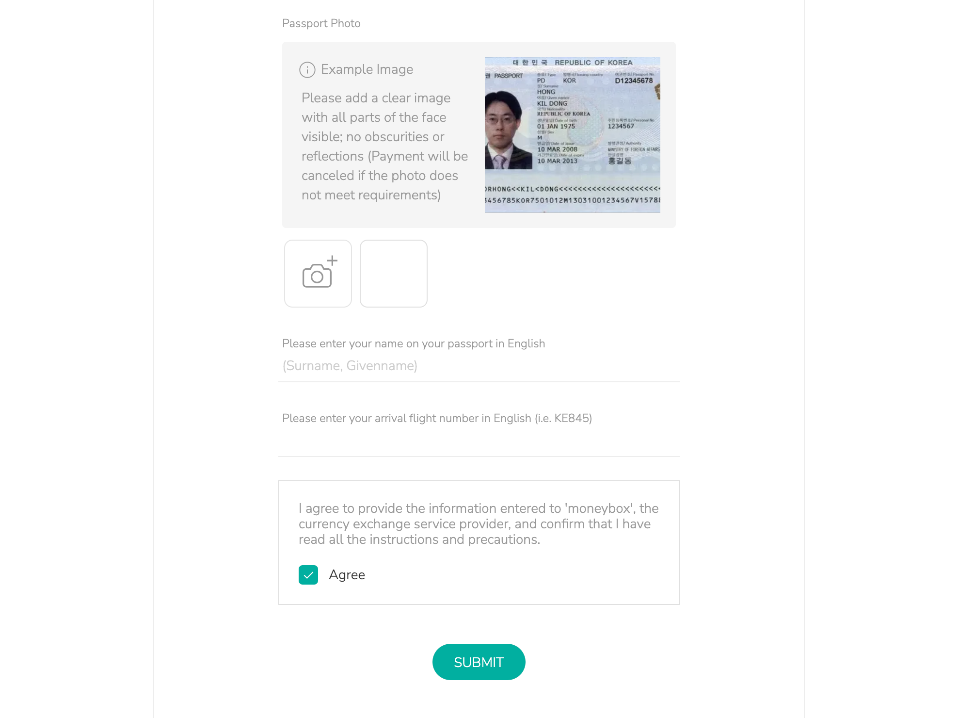 Sample passport photo upload and checklist instructions for currency exchange reservation on Creatrip.
