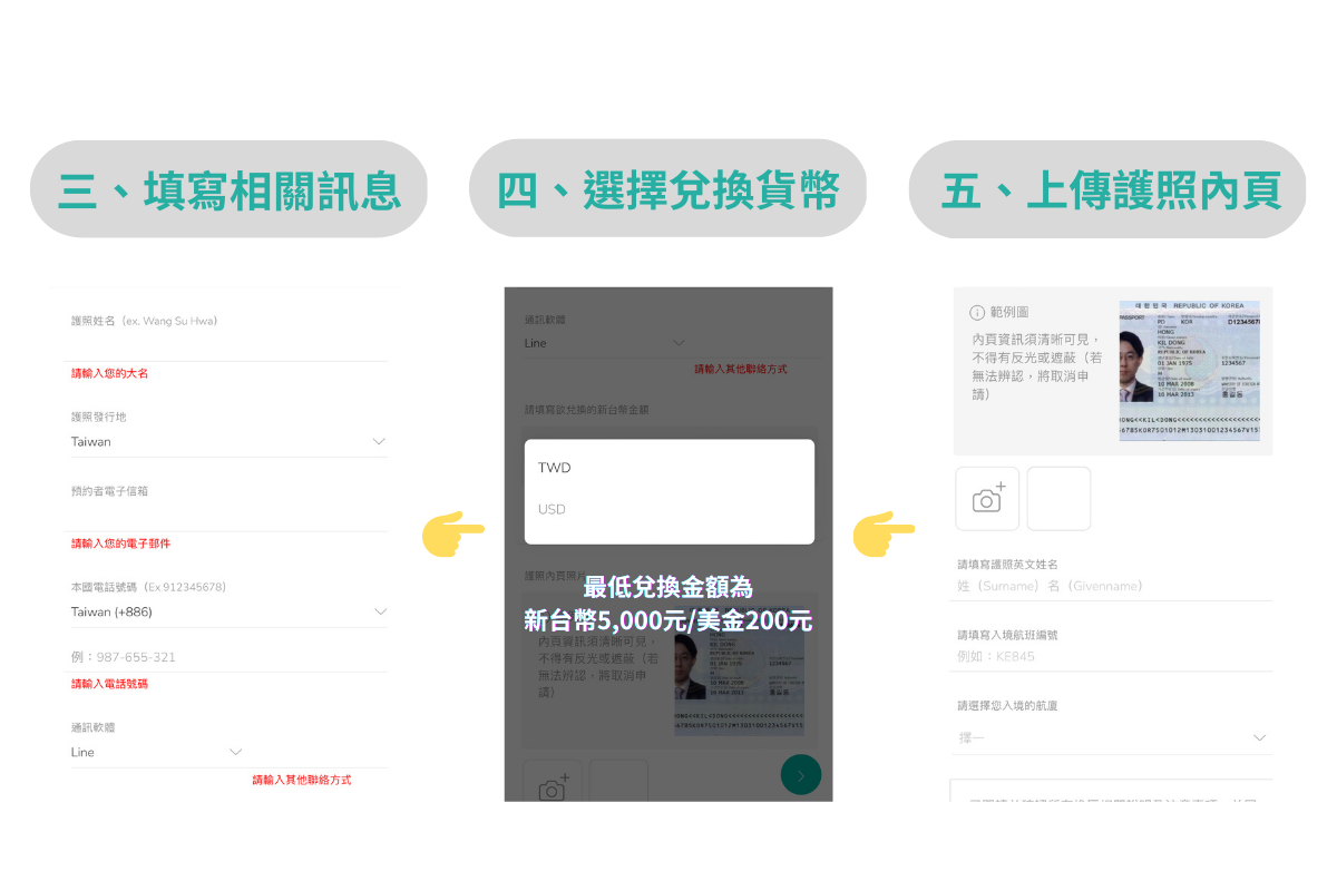 换汇服务预约页面截图,用户填写相关资讯、选择货币并上传护照照片的步骤