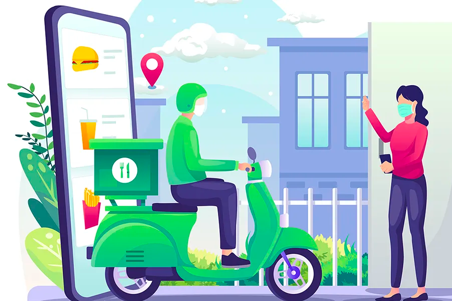 插畫中，一名穿綠色的摩托車外送員將食物送達客戶門口，顯示了一個外送過程的情景。