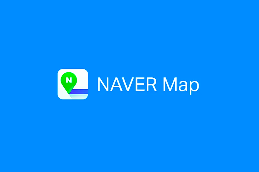 Naver Map 簡介圖片，藍色背景上呈現Naver Map的標誌，標誌中含有一個綠色的地標符號及文字。