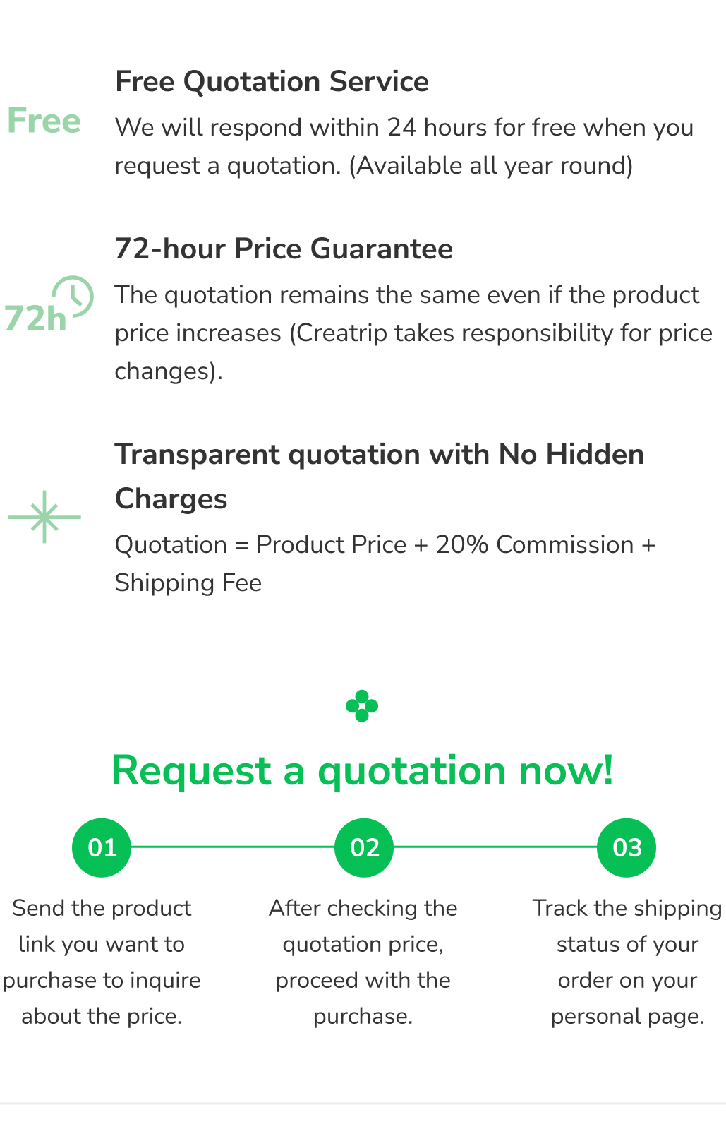 Infographic giới thiệu dịch vụ yêu cầu báo giá miễn phí của Creatrip, đảm bảo giá trong 72 giờ và không phí ẩn.