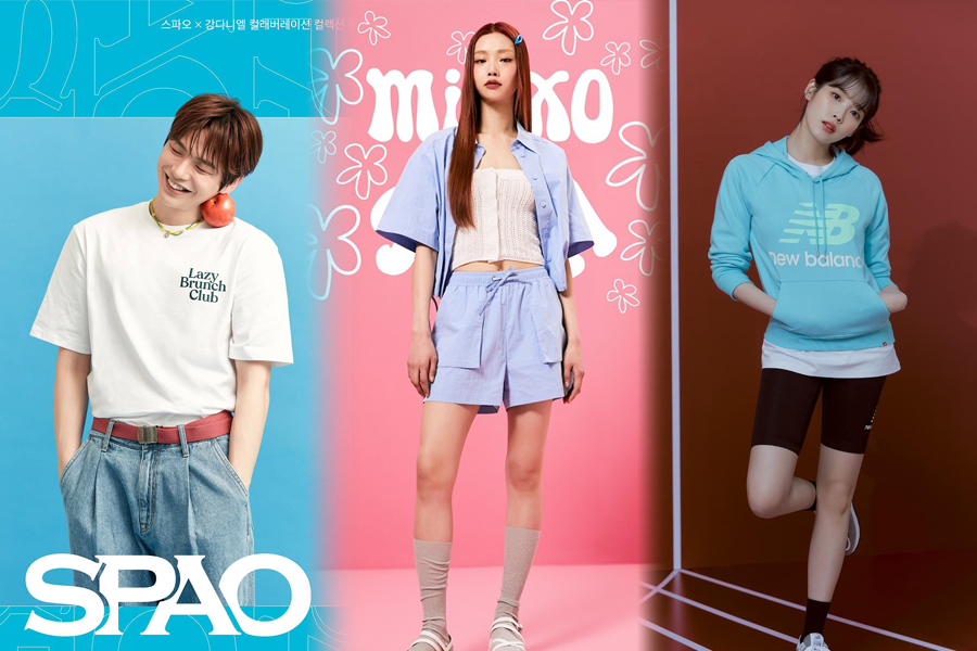 Quần áo hợp tác giữa SPAO và các nhân vật K-pop, thương hiệu trang phục phổ biến tại E-land Mall.