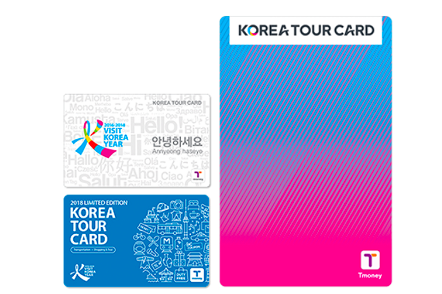 韓國T-Money卡及相關觀光卡展示，適用於地鐵、公車、計程車和便利商店的支付，遊覽韓國時便捷好用的交通卡選擇。