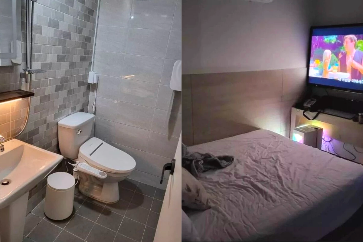 Một phòng Room Cafe có giường và phòng tắm với vòi sen, trang bị như một nhà nghỉ.