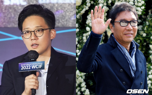 SMエンターテインメントの経営権紛争を報道するシーン。男性が記者会見で話している様子。