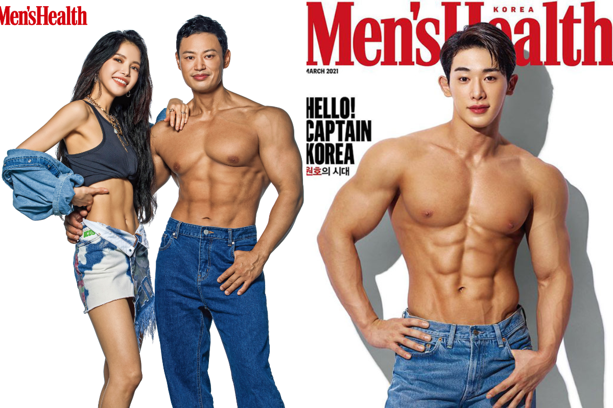 ผู้ชายและผู้หญิงในชุดยีนสีฟ้า โชว์กล้ามเนื้อบนหน้าปกนิตยสาร Men's Health เกาหลี