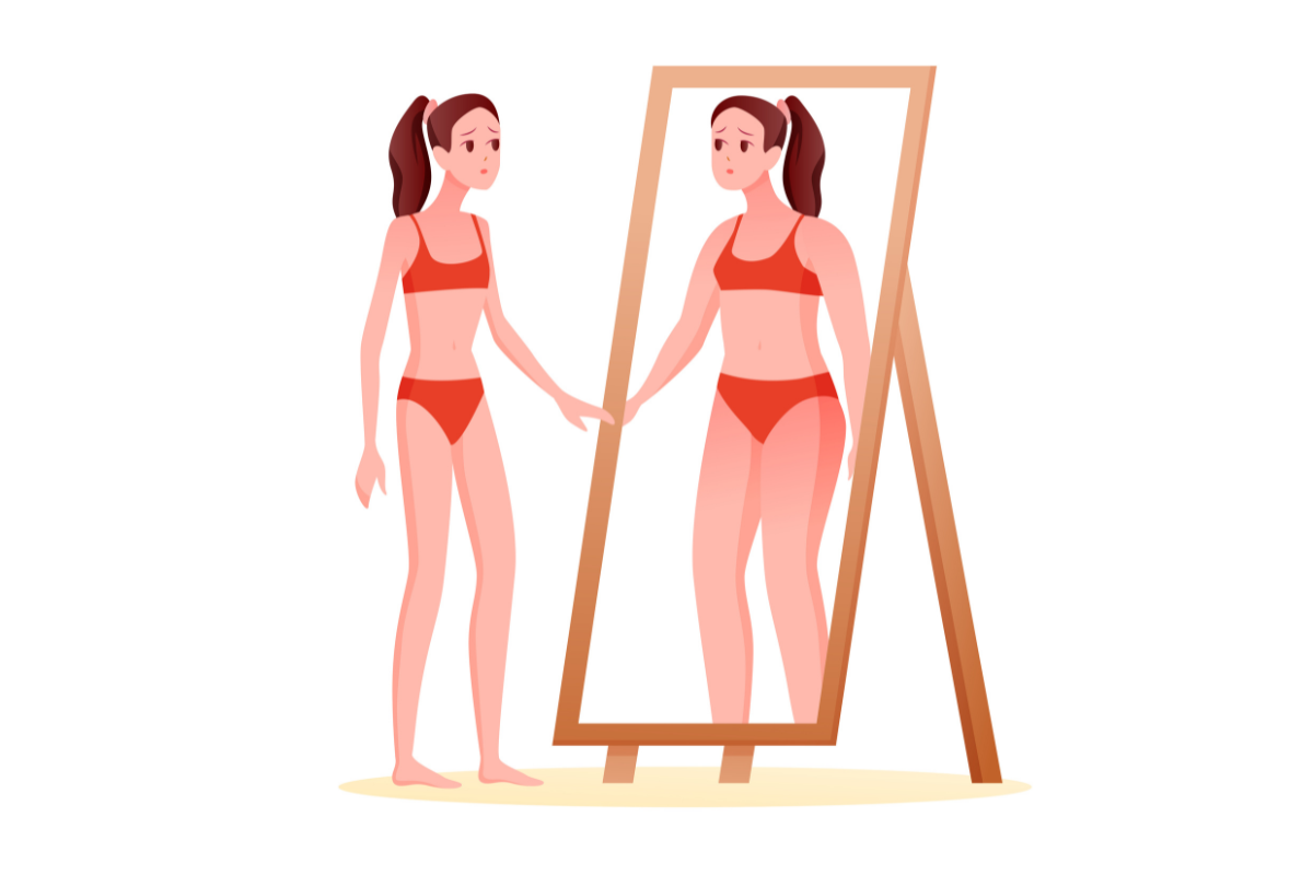 ผู้หญิงในเสื้อชั้นในสีแดงและกระจกที่แสดงให้เห็นการกดดันตามมาตรฐานความงาม ของการถ่าย Body Profile