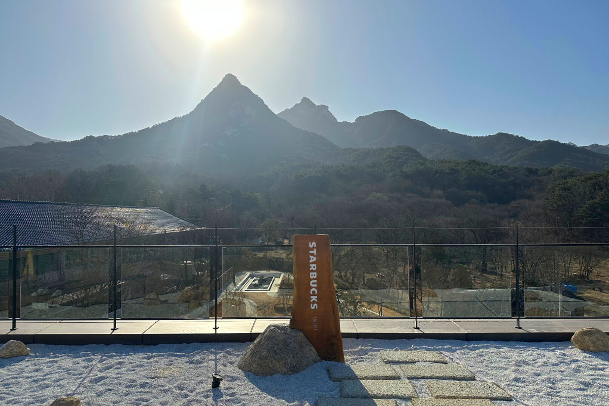 Открытая зона для отдыха в Starbucks THE Bukhansan с видом на горы и природу