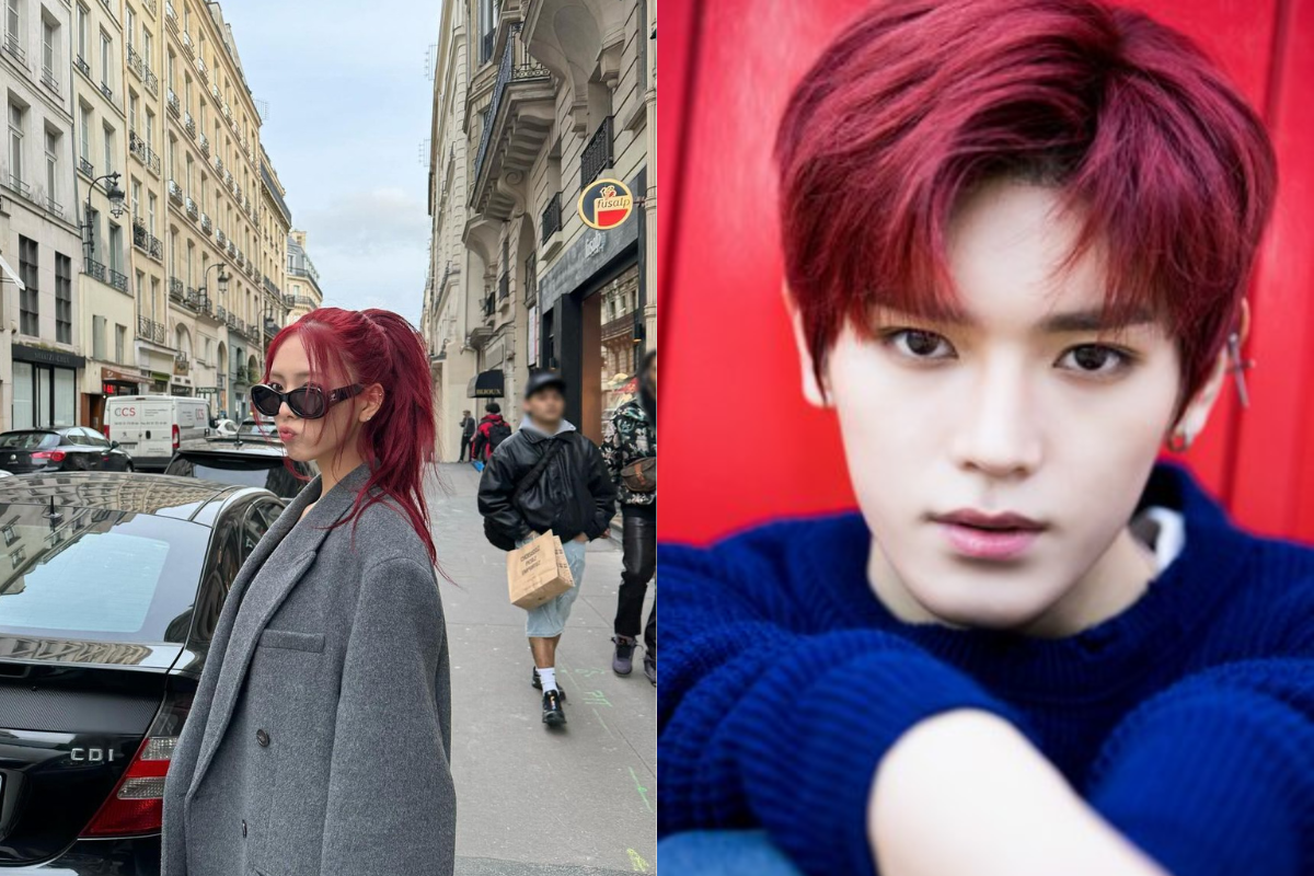 ITZY's Yuna and NCT's Taeyong with bold orange-red hair, showcasing vibrant K-pop styles.