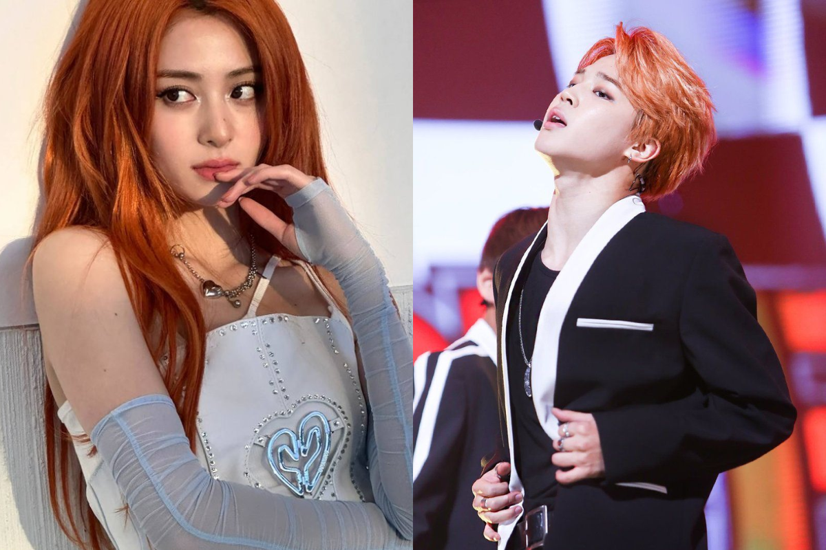 LE SSERAFIM's Yunjin and BTS's Jimin with striking orange-red hair, an eye-catching trend.