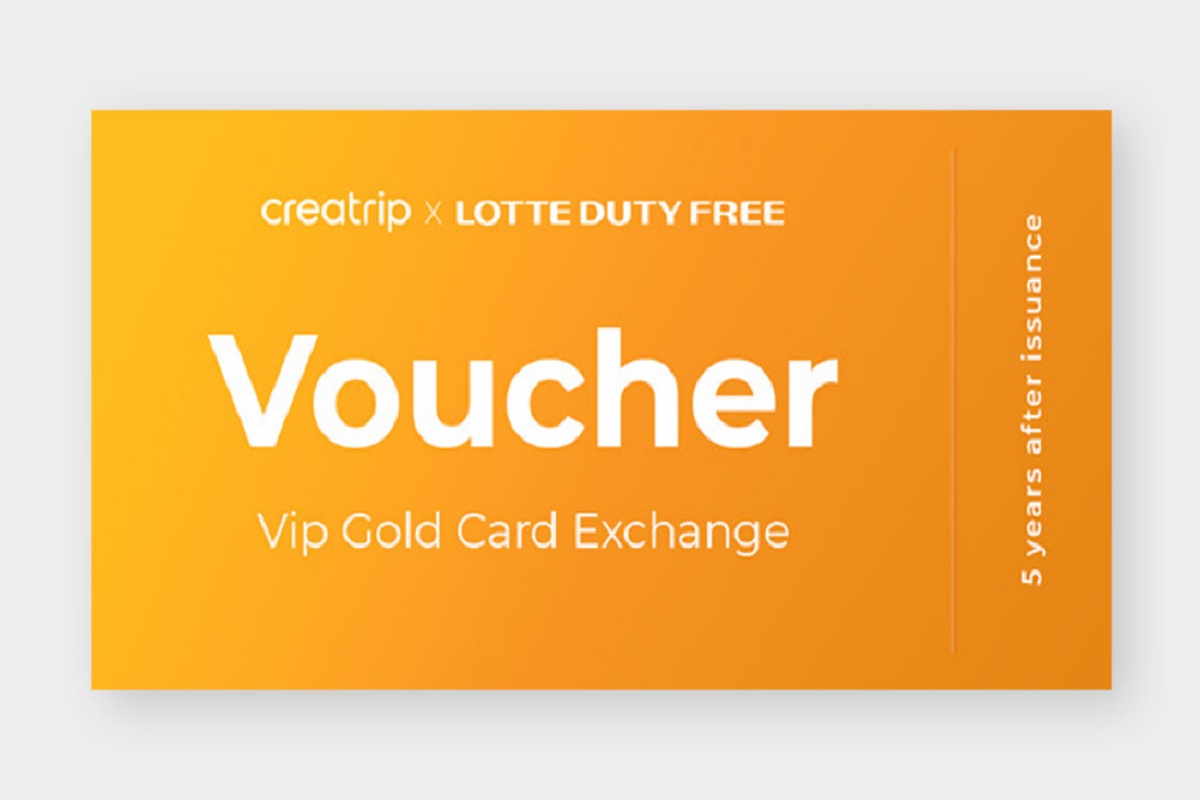 Voucher màu vàng kim của Creatrip và LOTTE Duty Free để đổi thẻ vàng VIP. Có giá trị trong 5 năm kể từ ngày phát hành.