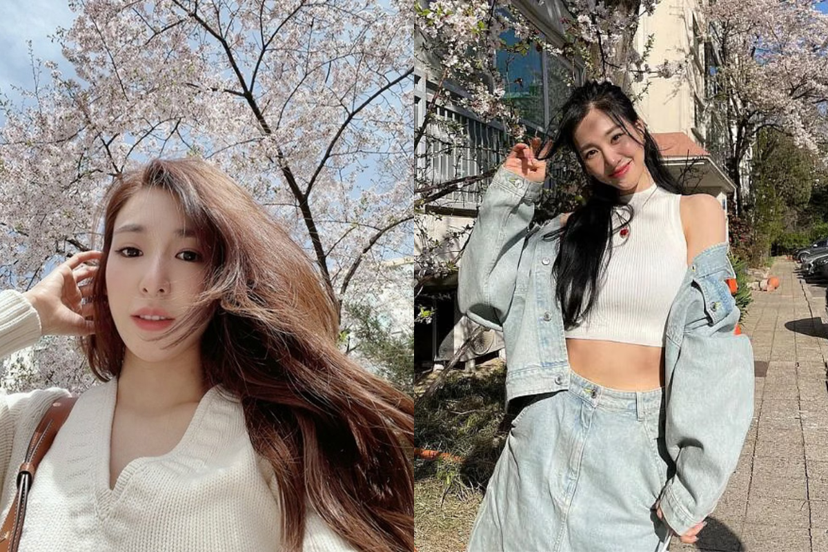 Girls' Generation's Tiffany Young exuding elegance under cherry blossoms, capturing Korea's spring beauty.
