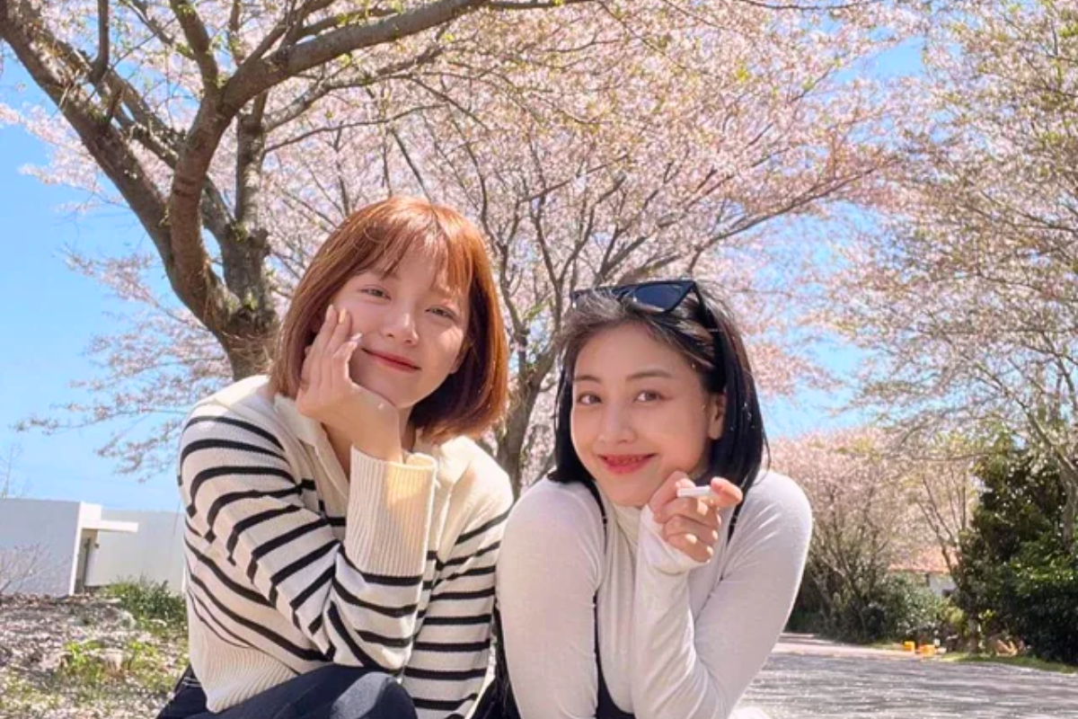 Two people sitting under cherry blossom trees, enjoying the serene beauty of spring in Korea and posing for a photo.