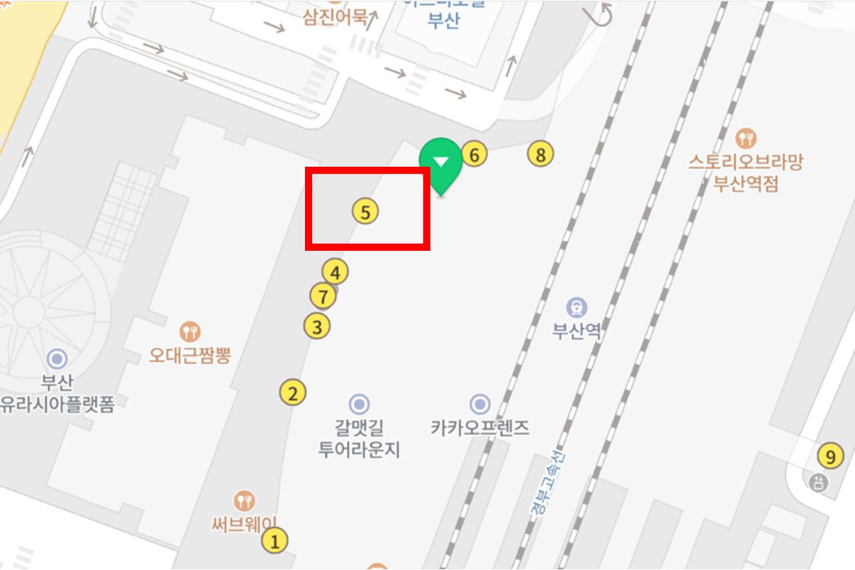 Carte indiquant la sortie 5 de la gare KTX de Busan.
