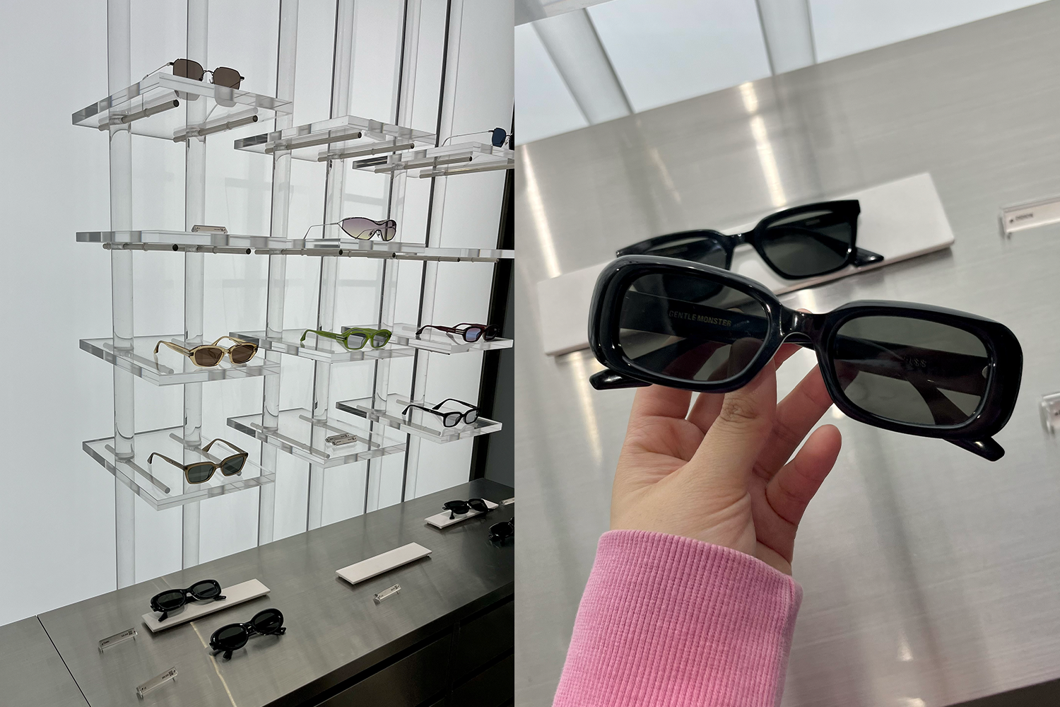 Gentle Monster店內，展出以獨特風格著名的眼鏡品類，吸引眾多顧客試戴。