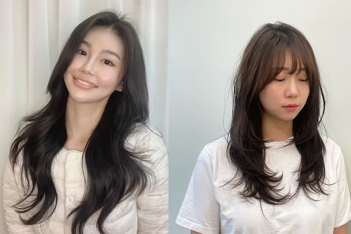 カールが施された黒髪ロングヘアとストレートのミディアムレイヤーヘアを持つモデルの写真。RAVI HAIRの多様なスタイリング技術を示す。