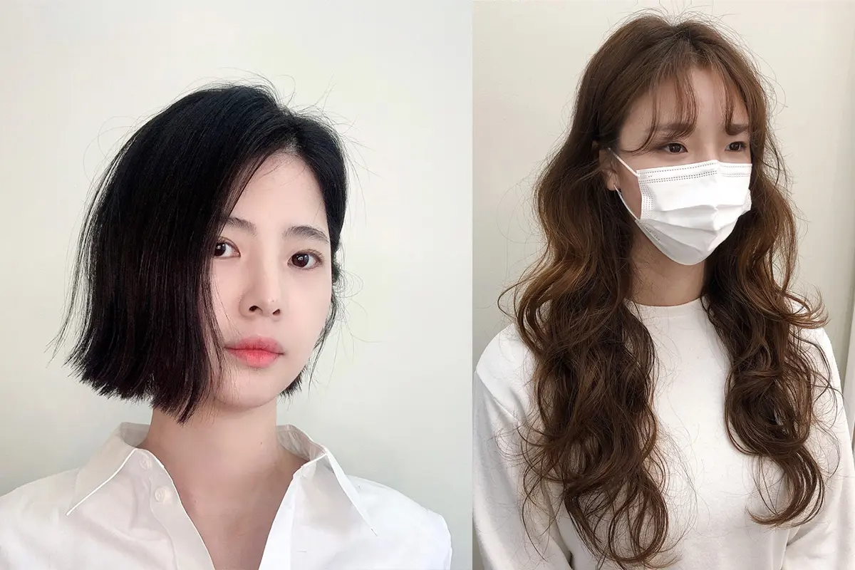 ショートボブヘアスタイルとロングカールヘアスタイルを披露するモデルの写真。RAVI HAIRの革新的なヘアカットデザインを示す。