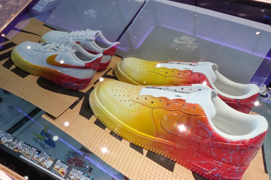 Customized Nike Air Force sneakers in bold colors displayed at Apgujeong Nike store