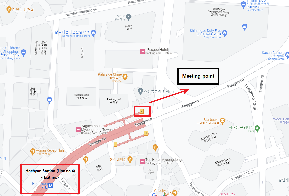 Bản đồ hiển thị Ga Hoehyeon Lối ra số 7 và điểm gặp mặt cho tour du lịch DMZ, Hàn Quốc.