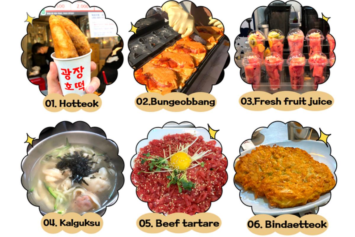 Kolase makanan khas Korea, termasuk hotteok dan tartar, yang dapat dinikmati di Pasar Gwangjang.
