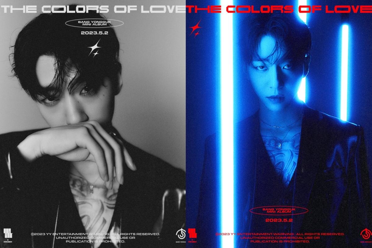 バンヨングク、新ミニアルバム『THE COLORS OF LOVE』のプロモーション画像。スタイリッシュな衣装で、赤と青のライトを背景に立つ様子が見られる。