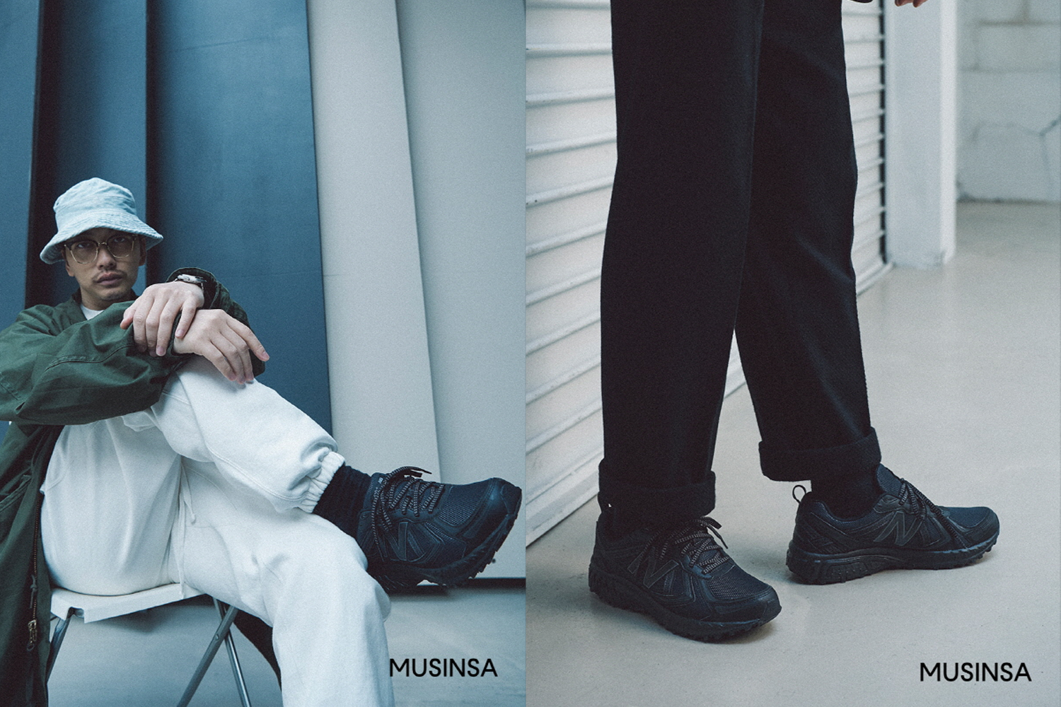 New Balance MT410全黑运动鞋，轻盈设计适合长时间行走，搭配宽裤或牛仔裤。