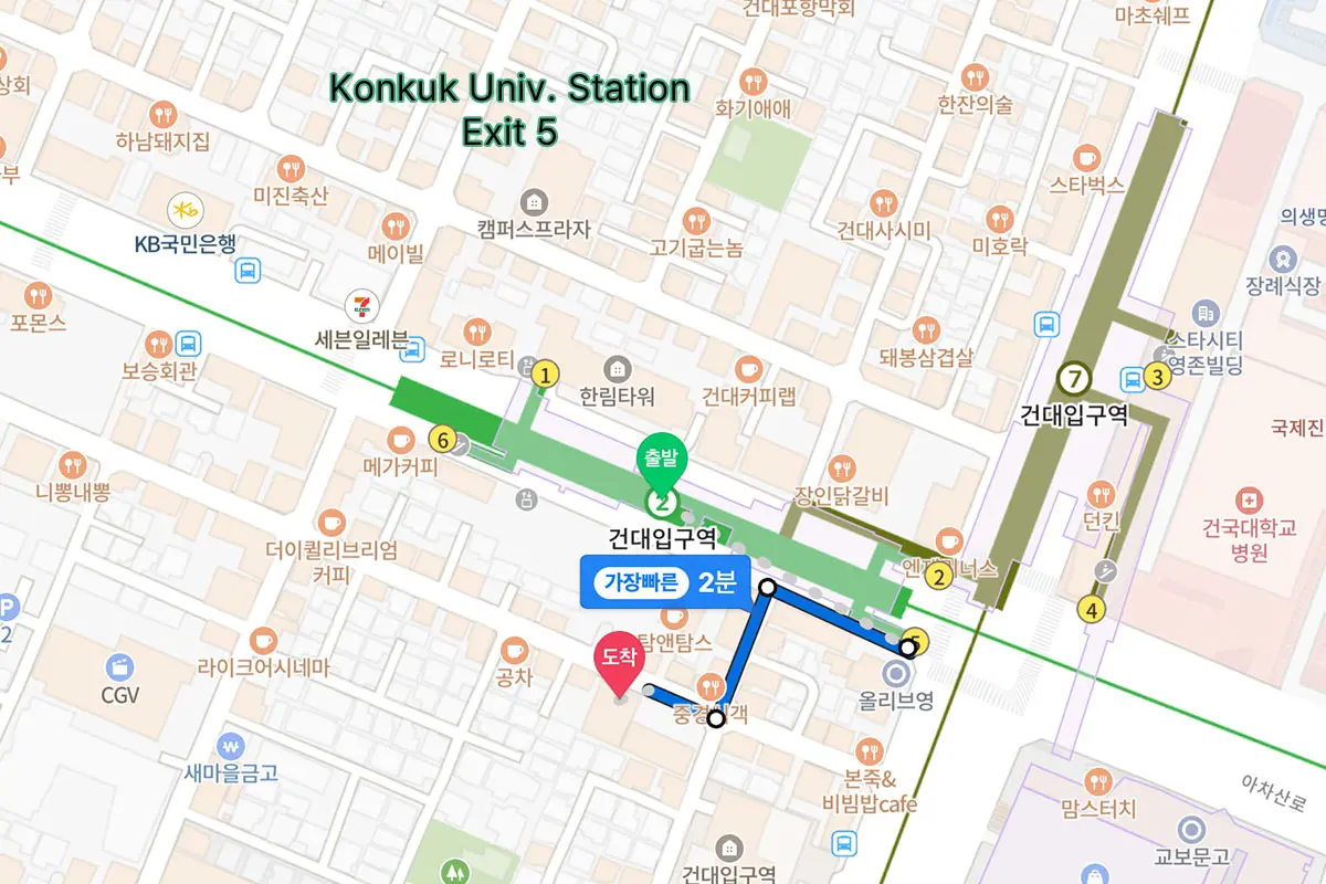 건대입구역에서 출발하여 CHOP Hair까지의 길 안내 지도 - 홍콩어 ALT TEXT: 這是一張從建大入口站出發前往CHOP Hair的路線圖，顯示通往目的地的步行路線。