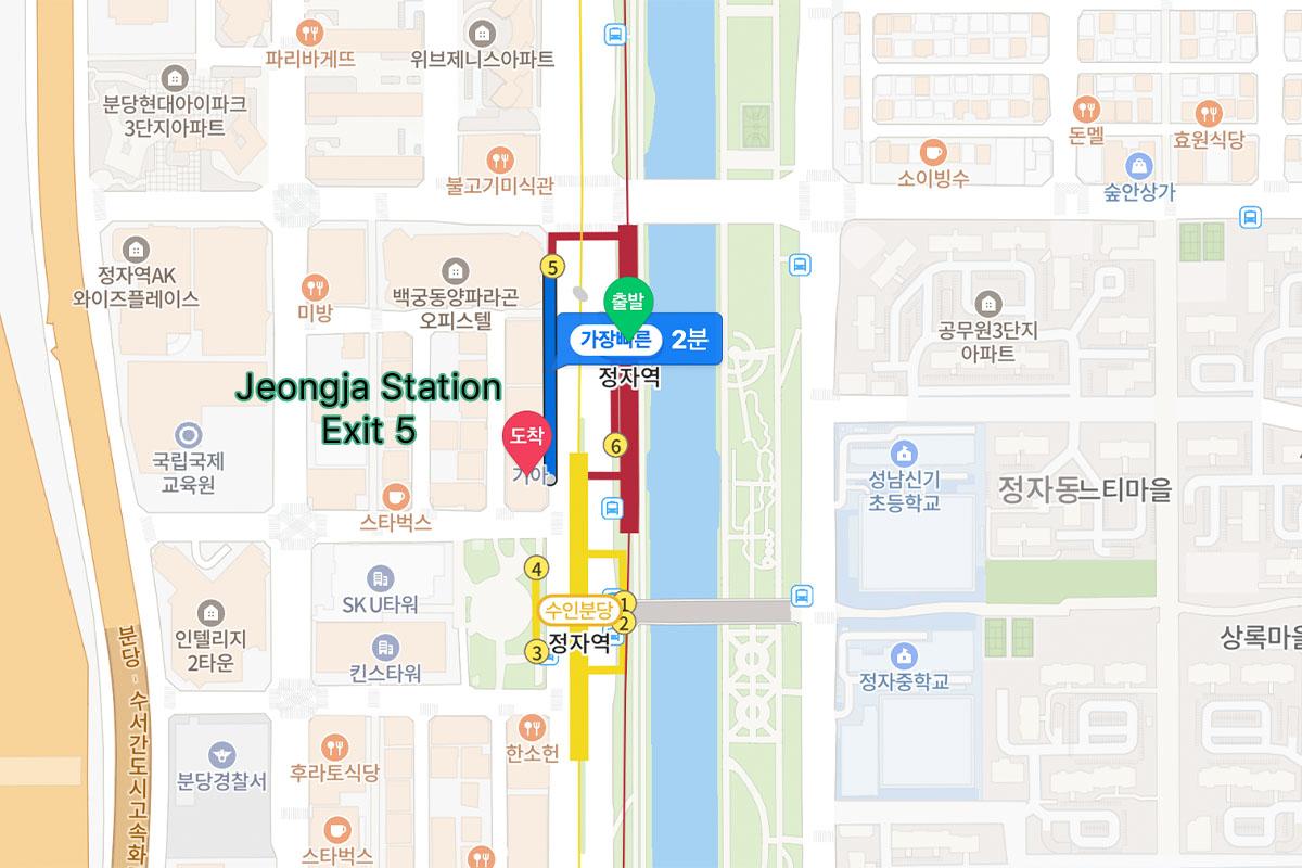 정자역 5번 출구에서 가까운 CHOP HAIR 본당점의 위치를 표시한 지도 이미지. 도보로 이동 가능한 거리로 본당에서도 인기를 끄는 헤어살롱의 위치를 보여줍니다.