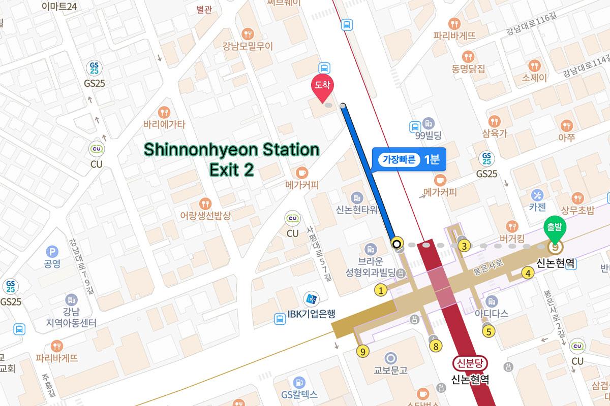 신논현역 2번 출구 근처에 있는 CHOP HAIR 신논현점의 위치를 보여주는 지도 이미지. 도보 1분 거리로 빠르게 찾아갈 수 있는 위치의 살롱을 소개합니다.