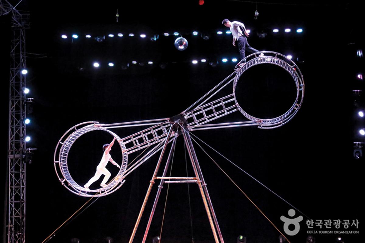 Dos artistas realizando acrobacias en una gran estructura giratoria en el Circo Dongchun, Corea.