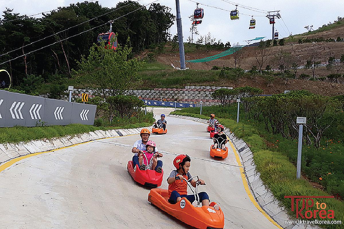 Туристы учатся кататься на санках на острове Ганхва, активно проводя время.