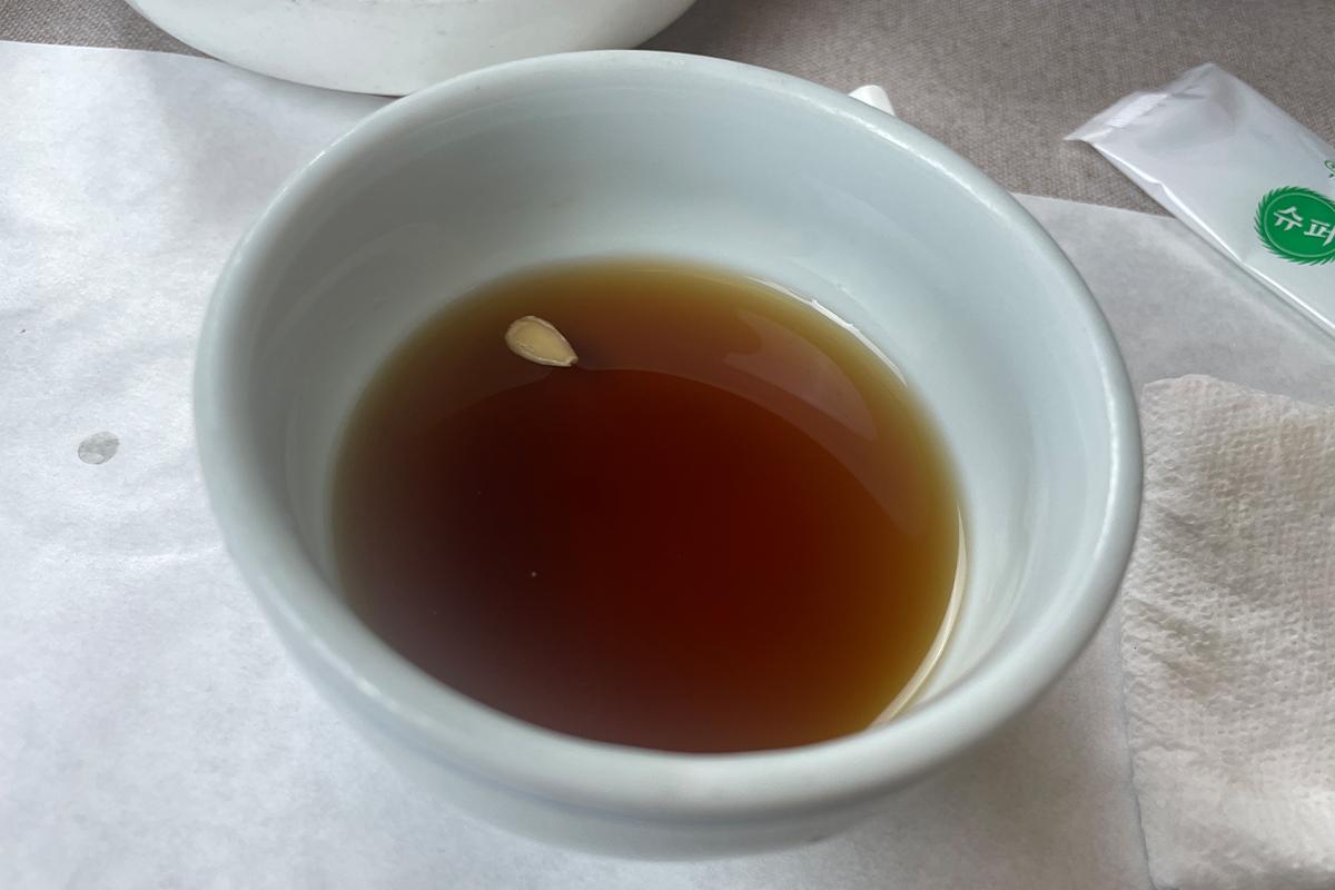 Digestive iced mesil tea, a Korean traditional drink served at Myeongdong Jeong.