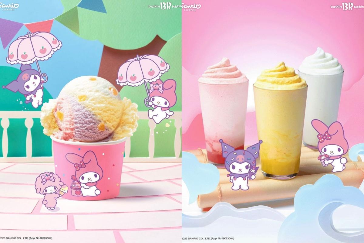 ピンク色で装飾されたカップに入ったサンリオキャラクターのアイスクリームとドリンク