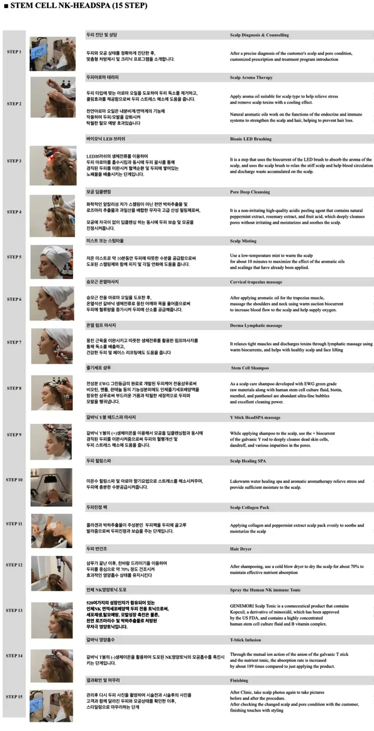 Text-based instructions for the 15-step scalp treatment at Ye-Lead Hair Salon, including steps like scalp diagnosis, LED brushing, and aromatherapy massage.