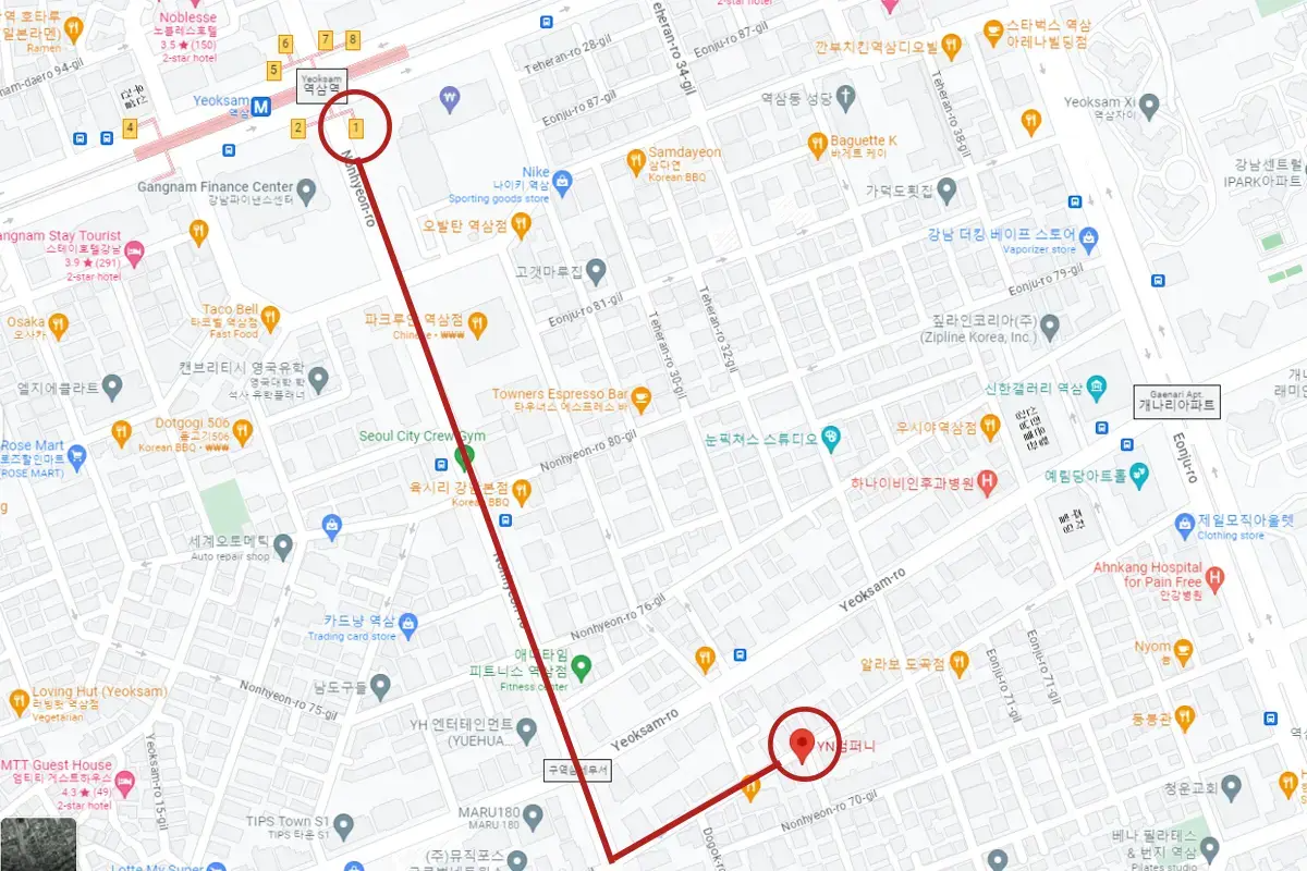 Bản đồ chỉ đường đến YN Company tại Gangnam, Hàn Quốc, nơi tổ chức lớp học nhảy Kpop.