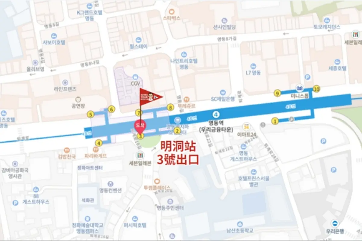 Lối ra số 3 Ga Myeongdong, bản đồ minh họa vị trí lên xe cho tour Gangneung tại Seoul.