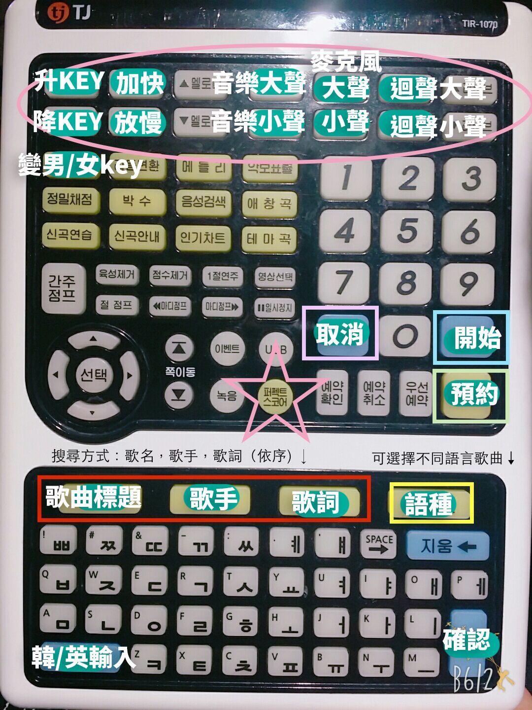 Overhead view of a Korean karaoke remote control with detailed song selection keys.