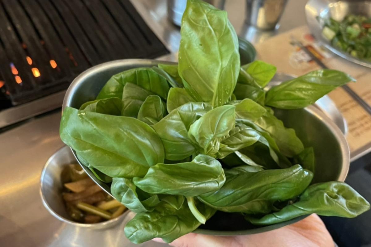 Lá húng quế tươi ngon được dùng để cuộn thịt tại Geumdwaeji Sikdang.